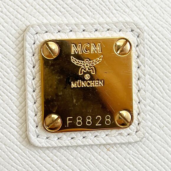 MCM White Leather Boston Bag Satchel Purse Gold Tone - Picture 5 of 15